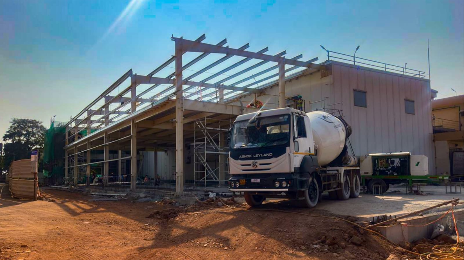 Transit mixer delivering concrete at Medispray, Goa